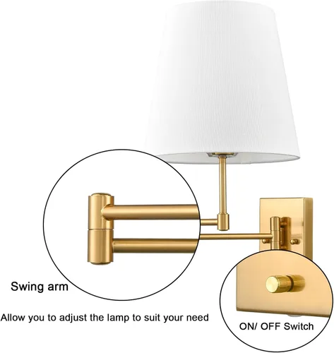 Vista 3 de HYDELITE Lámpara de pared dorada con brazo oscilante, apliques de pared de latón con pantalla de lino, accesorios de pared enchufables o cableados