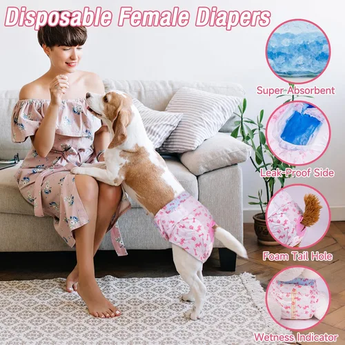 Vista 2 de Pet Soft Pañales desechables para perras, pañales para perras con agujero de cola de espuma ajustable, ultra protección, pañales para cachorros
