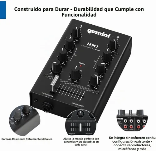 Vista 4 de Gemini - MM1 Mezcladora para DJ estéreo de 2 canales profesional. Compacta, con 2 bandas giratorias. Con fundido cruzado y control individual