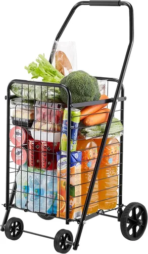 Vista 10 de VEVOR Carrito de compras plegable, carrito de comestibles jumbo con cestas dobles, ruedas giratorias de 360°, carrito utilitario resistente, carrito
