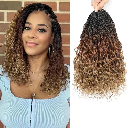 Vista 10 de Flagship 9 Paquetes Goddess Box Braids Cabello de Ganchillo para Mujeres Negras - 10 Pulgadas Pre-enrollado con Puntas Rizadas, Estilo Bohemio 1b