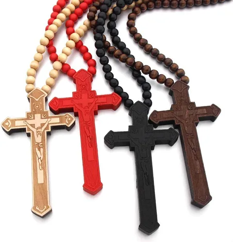 Vista 6 de COLORFUL BLING Cadenas de cuentas de madera natural, collares con colgante de cruz para hombres y mujeres, cristiano, religioso, católico, crucifijo