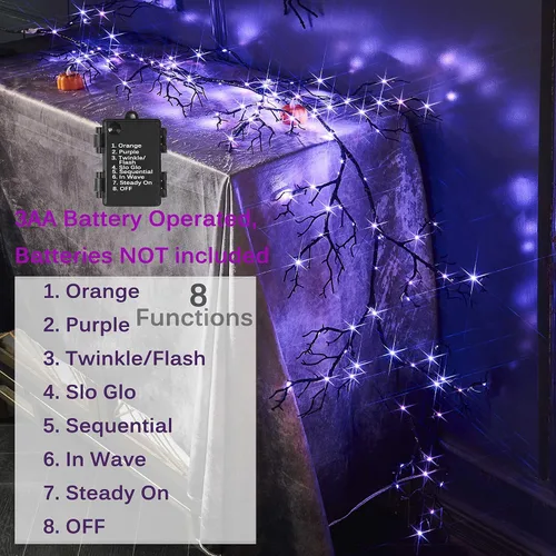 Vista 4 de BAOLITVINE - Guirnalda iluminada de Halloween, funciona con pilas, con 8 funciones, 6 pies, 120 luces de hadas bicolor, guirnalda negra con luces