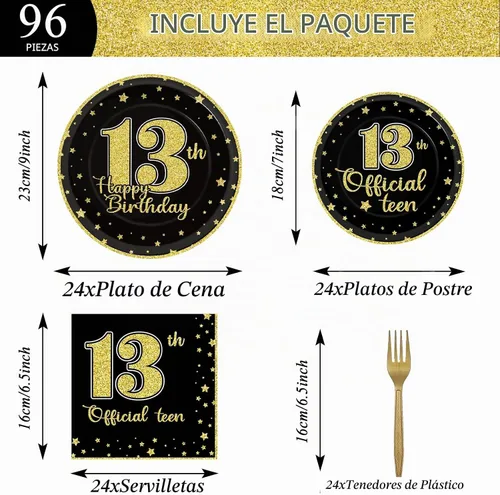 Vista 2 de Juego de vajilla de 96 piezas para cumpleaños número 13, platos desechables oficiales para adolescentes de 13 años, platos de fiesta de cumpleaños