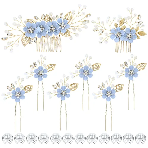 Vista 9 de Dizila 20 piezas de diamantes de imitación para novia, boda, fiesta, graduación, perlas, doradas, flores blancas, peines laterales