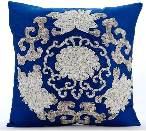Vista 11 de The HomeCentric Funda de cojín para sofá, 12 x 12 pulgadas, funda de almohada decorativa cuadrada de lino azul claro con zardozi y cuentas bordadas