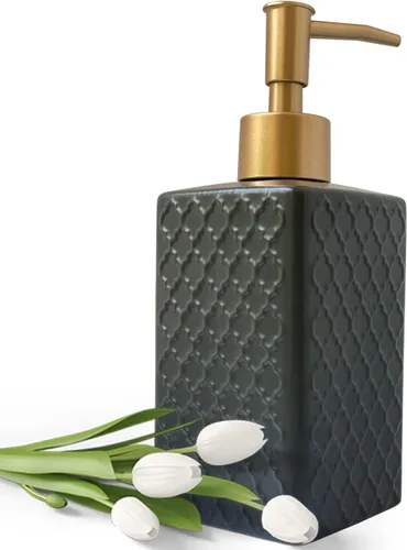 Vista 7 de Dispensador de jabón dorado para baño, dispensador de loción cuadrado negro, dispensador de jabón de manos de cerámica recargable para encimera