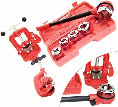 Vista 2 de Kit de enhebrador manual de tubo de trinquete, con cinco moldes + cortador de tubos + tornillo de banco para corte profesional y roscado de tubos