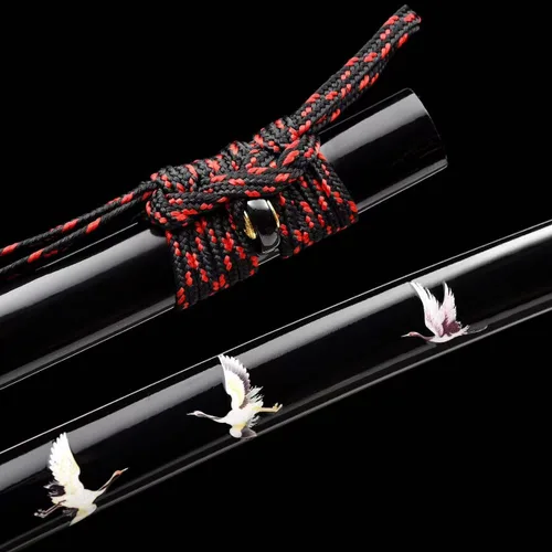 Vista 3 de OYZ - Espada Katana de samurái japonesa, templada en arcilla, acero T10, Choji Hamon real, espada con Tsuba, hoja afilada, espada completa hecha a