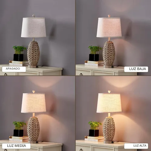 Vista 5 de Juego de 2 lámparas de mesa de ratán natural de 27", interruptor táctil, lámparas de mesita de noche regulables de 3 vías, con puertos de carga USB