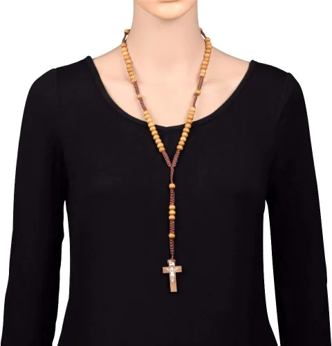 Vista 5 de Stuppendux Collar de rosario de cuentas de madera, cruz, crucifijo, oración católica, Jesús, para hombres y mujeres