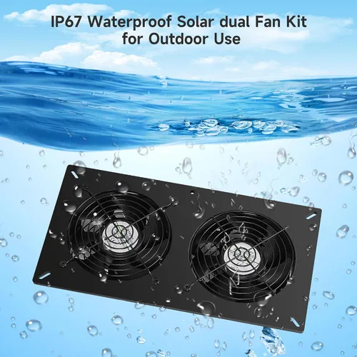 Vista 4 de Kit de 2 ventiladores solares con batería de 66.6 Wh, panel solar de 50 W, ventiladores recargables resistentes a la intemperie para gallinero