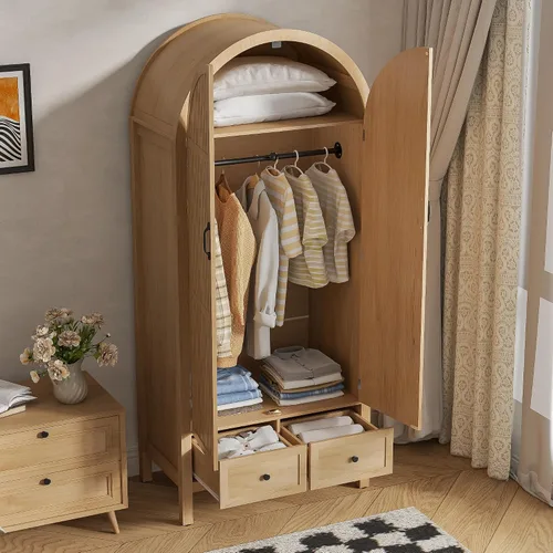 Vista 4 de Lxsxlome Armario moderno con cajones y 2 puertas arqueadas acanaladas, 70.87 pulgadas de alto, armarios de madera con estantes y barra para colgar