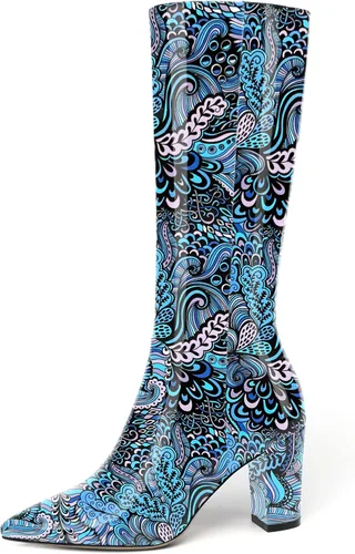 Vista 177 de AMBELIGHT Botas altas hasta la rodilla con cremallera y puntera puntiaguda para mujer, de patente sólida, tacón alto, 3.3 pulgadas