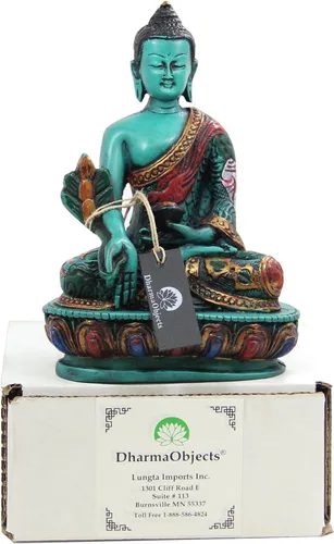 Vista 6 de DharmaObjects Estatua de Buda de medicina curativa tibetana pintada a mano Nepal (5 pulgadas, verde)