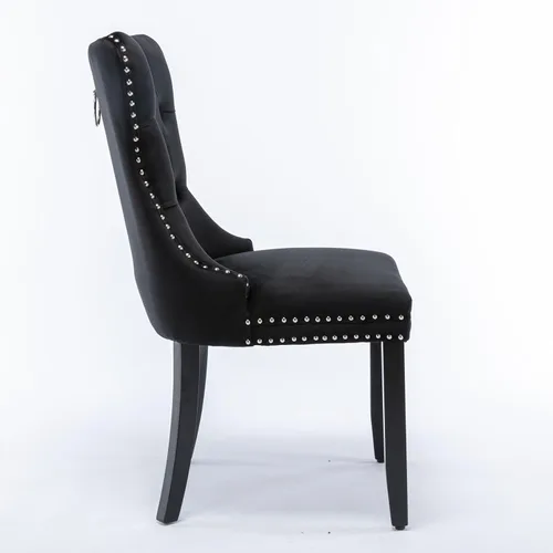 Vista 4 de Silla de comedor tapizada de terciopelo con respaldo copetudo y patas de madera, silla auxiliar moderna decoración de remaches, para comedor Negro