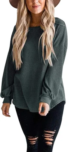 Vista 3 de Merokeety Suéter para mujer con mangas largas globo, tejido de punto gofre, holgado, cuello redondo, sin botones