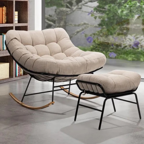 Vista 8 de Bme Mecedora de patio para exteriores e interiores, mecedora de metal con cojín grueso, cómoda y moderna silla mecedora para sala de estar, porche