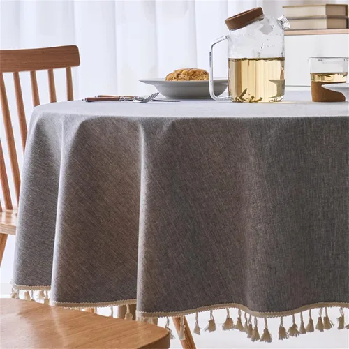 Vista 3 de Dimatic Mantel redondo con textura de lino con ribete de encaje, impermeable, a prueba de derrames, para decoración de mesa de cocina, comedor, Beige