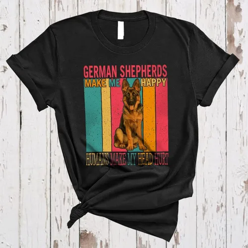 Vista 2 de Camiseta unisex con diseño de pastores alemanes retro vintage que me hacen feliz los seres humanos hacen mi cabeza hurt lindo perro amante