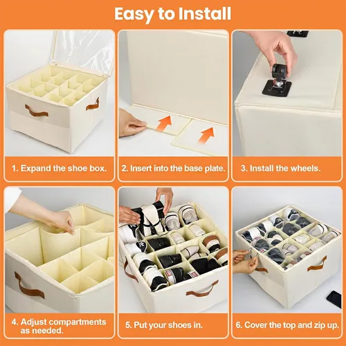 Vista 7 de Organizador de zapatos para armario con ruedas, caja organizadora plegable de almacenamiento de zapatos, divisores ajustables, paquete de 2, caja