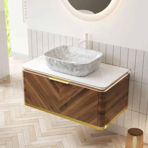 Vista 3 de LKTART Mueble de baño flotante de 36 pulgadas con fregadero, moderno armario de almacenamiento montado en la pared con luz LED, lavabo de cerámica