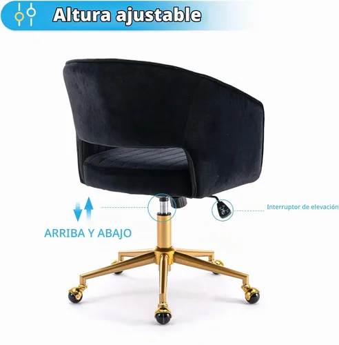 Vista 3 de Silla de oficina para el hogar, silla giratoria de terciopelo para escritorio, sillón de acento tapizado, sillas modernas capitoneadas con base Negro