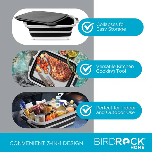 Vista 5 de BIRDROCK HOME Tina plegable grande de preparación para barbacoa con tabla de cortar, organizador de parrilla multifunción con colador y tapa, cuenco