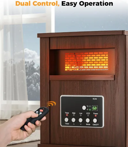 Vista 9 de Calentador de espacio infrarrojo para uso en interiores - Calentador de caja portátil de 1500 W con gabinete de madera, control remoto