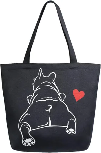 Vista 20 de ALAZA - Linda bolsa de lona grande con diseño de bulldog pug negro francés, reutilizable, para compras, con asas, resistente, lavable Multi 13