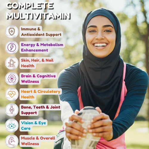 Vista 3 de SHIFAA NUTRITION Multivitaminas halal para mujeres, hombres y adultos, 30 porciones Hierro, vitamina A, B6, B12, biotina, niacina, C, D3, E, zinc