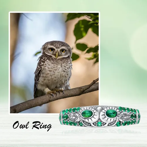 Vista 2 de Anillos vintage de plata de ley S925 con diseño de ojo de búho verde, tamaño 678, The Wisdom of the Night Deja que el ojo de búho verde guíe tu