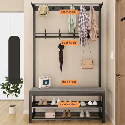 Vista 2 de Perchero - Taladro 4 en 1 con Zapatero Hall Organizador de almacenamiento para muebles de entrada con ganchos industriales para muebles con metal