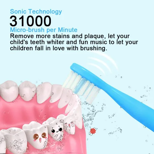 Vista 4 de OJV 8620 Cepillos de dientes eléctricos musicales para niños, 3 modos de temporizador de 2 minutos, 6 cerdas recargables de energía inteligente, Azul