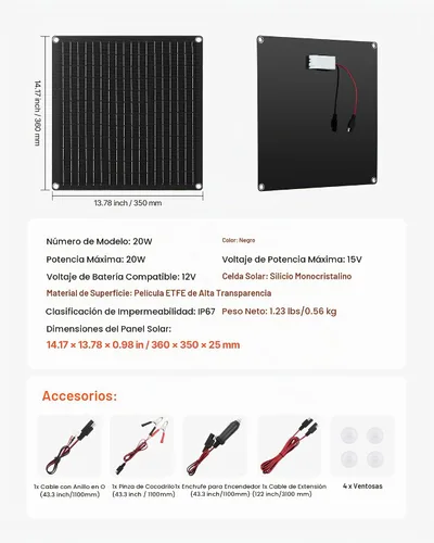 Vista 7 de VEVOR Cargador de batería de panel solar de 20 W y 12 V, cargador de batería solar con controlador inteligente integrado y 3 cables de conexión
