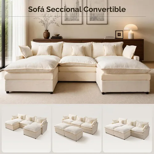 Vista 7 de Sofá modular modular de 108 pulgadas, en forma de U, moderno y cómodo, con otomana y almohadas móviles, sofás de asiento profundo para sala de Beige