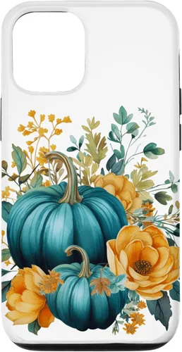 Vista 26 de iPhone 16 Teal Autumn Pumpkin Floral Fall Harvest Foliage Case