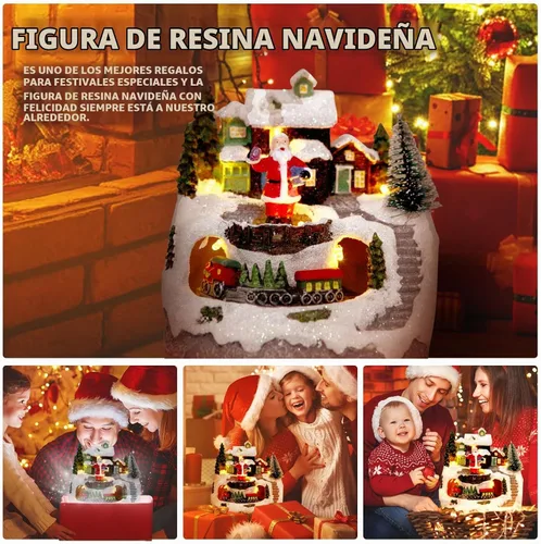 Vista 5 de Decoraciones de globos de nieve de aldea de Navidad, figuras de construcción de resina, tren giratorio, edificios coleccionables de Navidad, 8