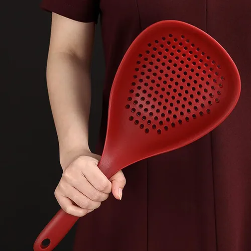 Vista 8 de Utensilios de cocina, colador de alimentos de silicona con asa, cuchara coladora grande, cuchara ranurada, resistente al calor para alimentos