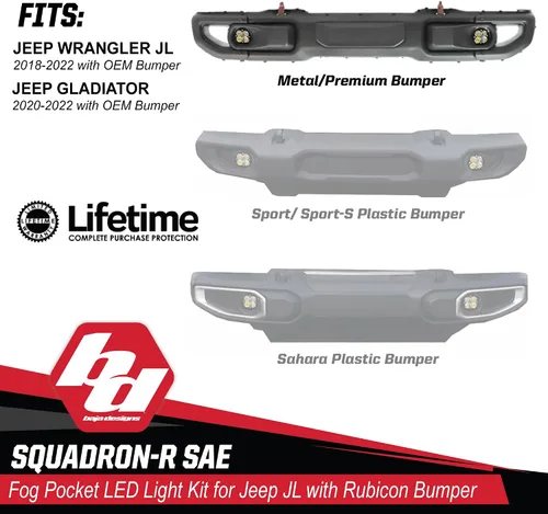 Vista 3 de Kit de luces LED de niebla de bolsillo Baja Designs Squadron-R SAE compatible con Jeep Gladiator 2020-22; Wrangler JL 2018-22 parachoques OEM