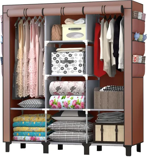 Vista 10 de Armario portátil con 10 estantes de almacenamiento y 2 postes para colgar, 18 bolsillos laterales no tejidos, tamaño 51.2 x 17.7 x 67.7 in, Beige