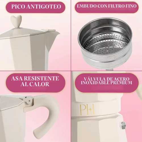 Vista 4 de Paris Hilton Cafetera de café y café para estufa, cafetera de estilo italiano y cubano con emblemática perilla de corazón, perfecta para expreso