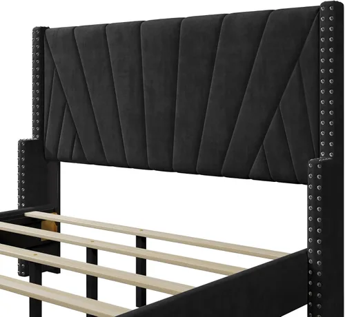 Vista 5 de Marco de cama tapizado de terciopelo contemporáneo con acolchado de canal y ribete de cabeza de clavos, no necesita somier (negro, matrimonial)