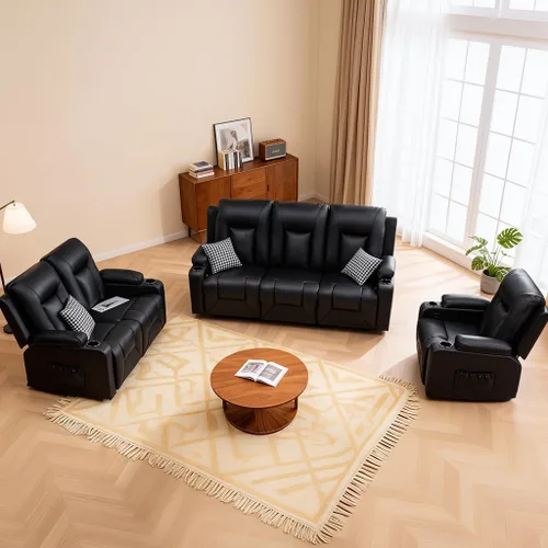 Vista 8 de COMHOMA Muebles sofá de cuero consolidado con masaje, portavasos, juego de sala de estar, silla reclinable, 3+1+1, negro