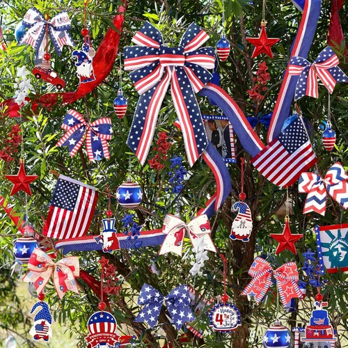 Vista 5 de 43 adornos patrióticos para árbol del 4 de julio, Día de la Independencia, adornos para árbol de Navidad, decoración de lazo rojo, blanco y azul