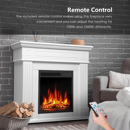 Vista 5 de Chimenea eléctrica con chimenea envolvente de madera, control remoto, llama LED ajustable, chimenea independiente de 750 W/1500 W (blanco perlado)