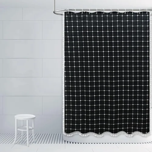 Vista 7 de Cortina de ducha de tela de estilo granja con rayas negras, cortina de baño bohemia de patchwork de gingham, cortina de baño rústica y elegante