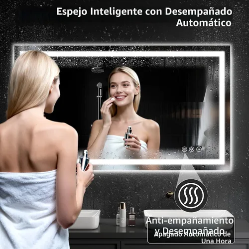 Vista 3 de Espejo de baño LED de 30 x 48 pulgadas con luces, regulable, antivaho, espejo de tocador de baño para pared, retroiluminado + luz frontal, función