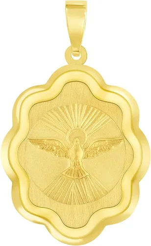 Vista 2 de Collar con colgante de oro amarillo de 14 quilates con paloma de Espíritu Santo religioso y elegante medalla.