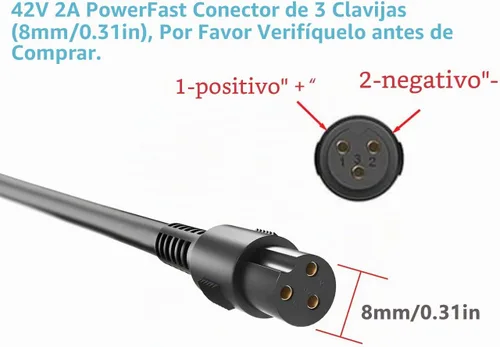 Vista 6 de Adaptador de corriente de 42V 2A PowerFast, Conector en línea de 3 clavijas para Sports Mod de 36V, Pocket Mod batería de litio, cargador de batería